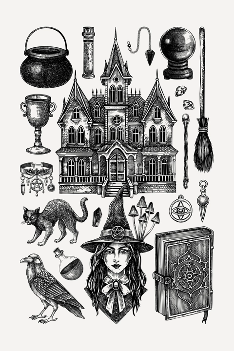 Bohemian witch poster design for print. Halloween hand-drawn vector illustrations. Witchcraft sketches set. Vintage design elements. NOT AI generated